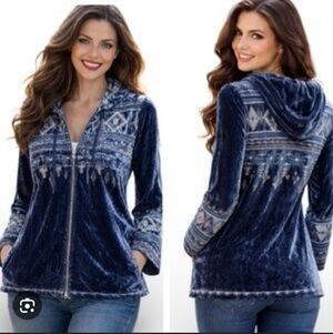 Johnny Was Jacket Women's S Hooded Velvet Aztec Embroidered Silk Blend Full Zip